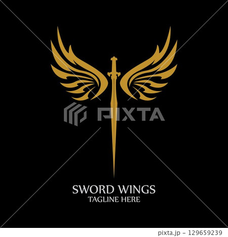 Sword with Wings. Golden Sword Symbol on Black Background. Sword with Wings. Golden Sword Symbol on Black Background. 129659239