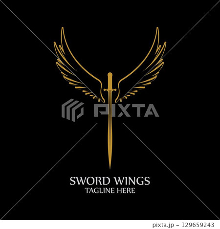 Sword with Wings. Golden Sword Symbol on Black Background. Sword with Wings. Golden Sword Symbol on Black Background. 129659243