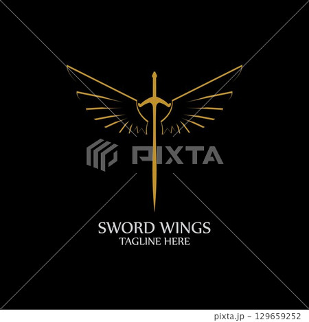 Sword with Wings. Golden Sword Symbol on Black Background. Sword with Wings. Golden Sword Symbol on Black Background. 129659252