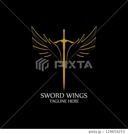 Sword with Wings. Golden Sword Symbol on Black Background. Sword with Wings. Golden Sword Symbol on Black Background. 129659253