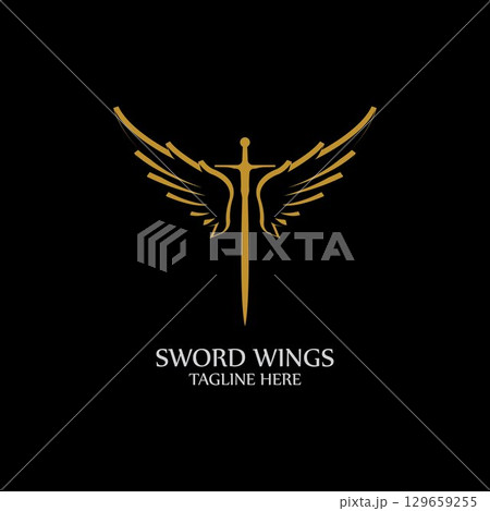 Sword with Wings. Golden Sword Symbol on Black Background. 129659255