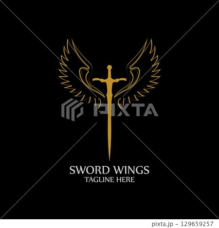 Sword with Wings. Golden Sword Symbol on Black Background. Sword with Wings. Golden Sword Symbol on Black Background. 129659257