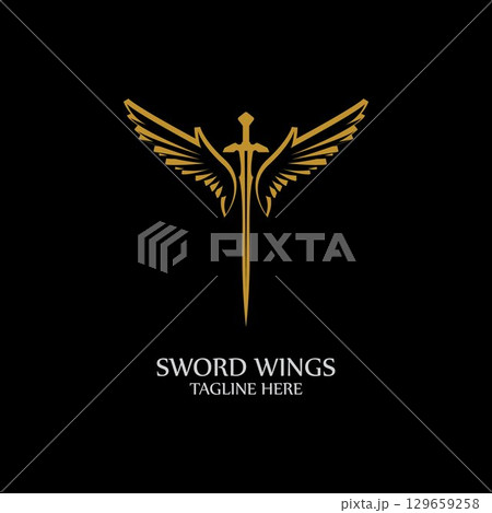Sword with Wings. Golden Sword Symbol on Black Background. 129659258