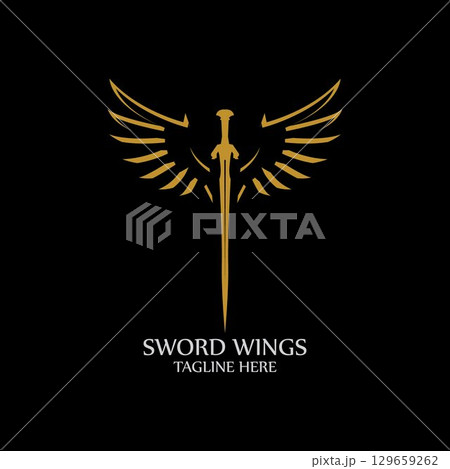 Sword with Wings. Golden Sword Symbol on Black Background. Sword with Wings. Golden Sword Symbol on Black Background. 129659262
