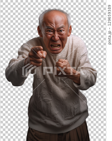 怒りに満ちた高齢男性の迫力ある表情（背景透過PNG）– 怒鳴る・指差す・威圧感のある人物イメージ 129659389
