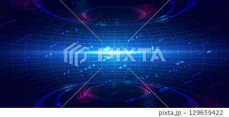 Scene glownig blue table lines with hi tech element lighting effect and sparkle on dark blue background. 129659422