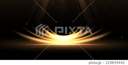 Scene gold glowing curve ray with lighting effect sparkle on black background. 129659442
