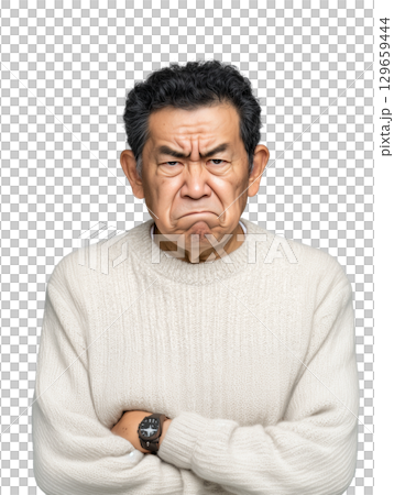 怒りに満ちた高齢男性の迫力ある表情（背景透過PNG）– 怒鳴る・指差す・威圧感のある人物イメージ 129659444