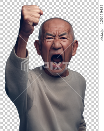 怒りに満ちた高齢男性の迫力ある表情（背景透過PNG）– 怒鳴る・指差す・威圧感のある人物イメージ 129659485