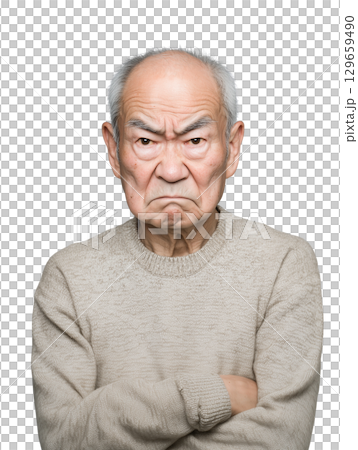 怒りに満ちた高齢男性の迫力ある表情（背景透過PNG）– 怒鳴る・指差す・威圧感のある人物イメージ 129659490