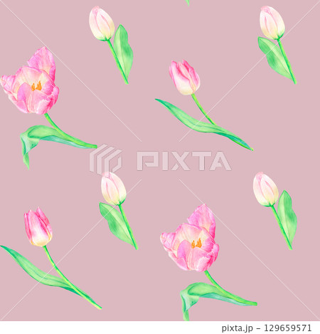 Watercolor tulips seamless pattern, spring flowers are hand drawn. Suitable for design, print. Watercolor tulips seamless pattern, spring flowers are hand drawn. Suitable for design, print. 129659571