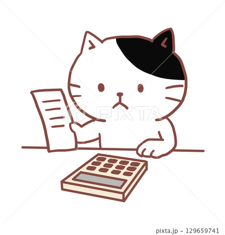 電卓をたたく牛柄ねこ 129659741