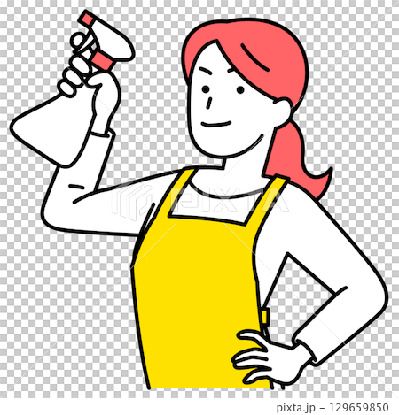 スプレー洗剤を構えるエプロン姿の女性 129659850