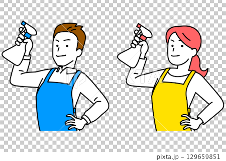 Set of men and women in aprons holding spray detergent Set of men and women in aprons holding spray detergent 129659851
