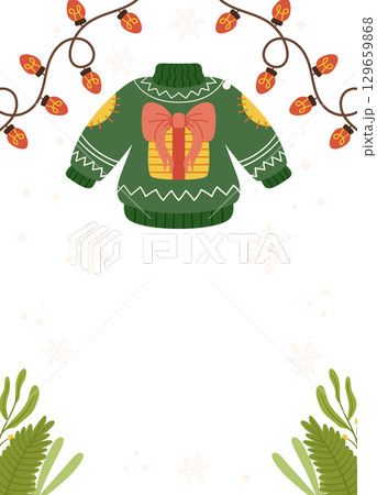 Festive Poster template frame featuring a green Christmas sweater with a bow design, surrounded by string lights, greenery, and snowflakes on a white background. Festive Poster template frame featuring a green Christmas sweater with a bow design, surrounded by string lights, greenery, and snowflakes on a white background. 129659868