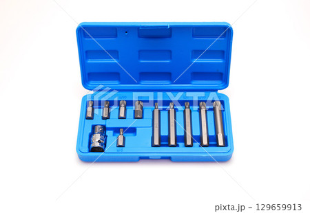 A set of single-sided chrome steel bits in a blue plastic box  129659913