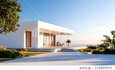 白いキューブ型のモダン住宅 129660055