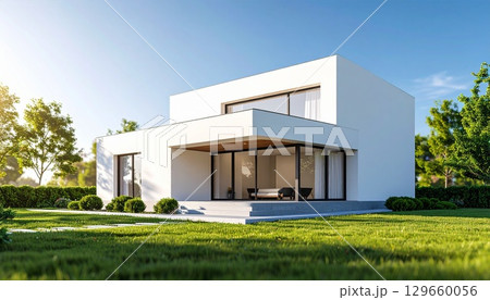 白いキューブ型のモダン住宅 129660056