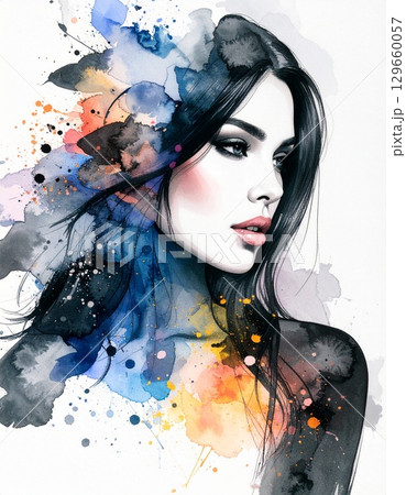 インクで描かれた女性の横顔 129660057