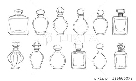 Elegant perfume bottle sketches in vintage style with clean black lines. Great for branding, packaging, cosmetic ads, or feminine product layouts 129660078