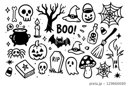 Fun black and white Halloween doodles with spooky skulls, ghosts, pumpkins, and potions. Perfect for seasonal crafts, parties, or blog headers Fun black and white Halloween doodles with spooky skulls, ghosts, pumpkins, and potions. Perfect for seasonal crafts, parties, or blog headers 129660080