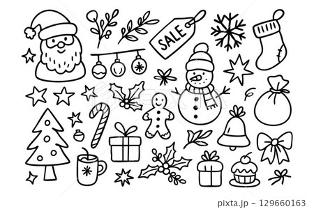 Gingerbread and snowflake doodles pair with sale icons for a cheerful Christmas vibe. Santa, snowman and holly elements decorate your holiday or gift theme. Perfect for banners or seasonal posts 129660163