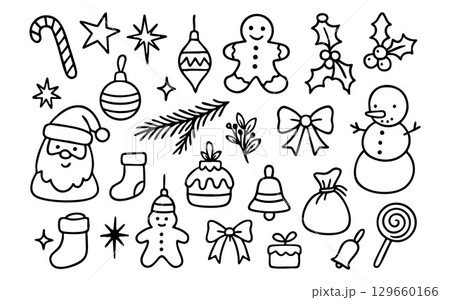 Xmas icons featuring Santa, snowman and holly mix with gingerbread, candy and bell doodles. This festive sketch set fits holiday, winter or celebration projects. Great for kids or seasonal crafts 129660166