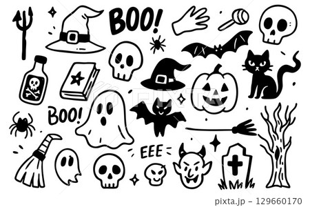 Halloween ghost and skull drawings pair with pumpkin, bat and witch elements in this spooky set. Use broom, haunted trees or line art graphics for creepy or eerie decor. Designed for fun, frightful 129660170