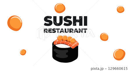 Vector illustrated advertising web and desktop banner with Japanese cuisine, traditional Asian food including sushi and rolls, perfect for Asian restaurant branding, menu design, and promotional 129660615