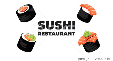 Vector illustrated advertising web and desktop banner with Japanese cuisine, traditional Asian food including sushi and rolls, perfect for Asian restaurant branding, menu design, and promotional Vector illustrated advertising web and desktop banner with Japanese cuisine, traditional Asian food including sushi and rolls, perfect for Asian restaurant branding, menu design, and promotional 129660616