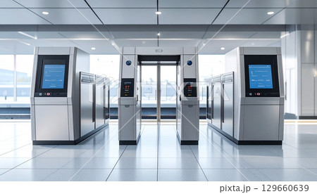 無人の自動改札機と近未来的な駅構内 129660639