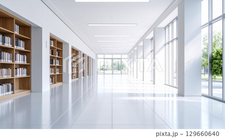 大きな窓と本棚のある明るい図書館通路 129660640