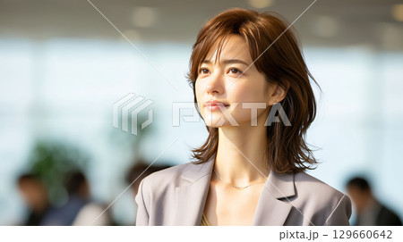 オフィスで前を見つめる若い女性ビジネスパーソン 129660642