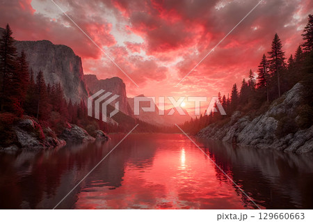sunset over the lake 129660663