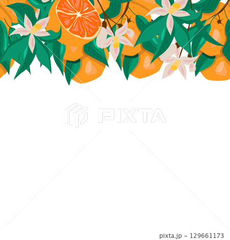 Orange square wreath with fresh fruits and leaves on a bright background 129661173