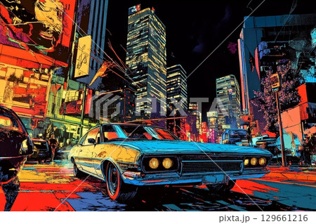 Exploring Neon-Lit Streets With Retro Vibes in a Vibrant Urban Setting Generative AI 129661216