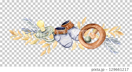 Watercolor baby border with pacifier, socks, wooden rattle and leaves, cute nursery illustration 129661217