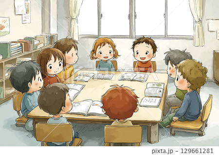 子どもたちがグループで話し合いをしている授業 129661281