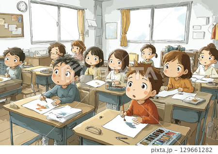 子どもたちが教室で絵を描いているシーン  129661282