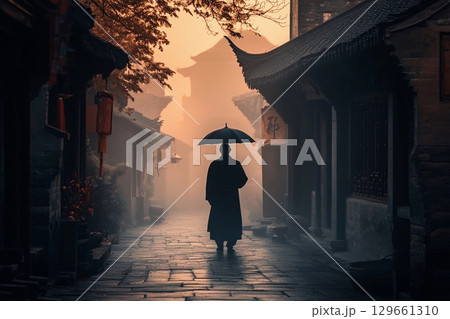 Man With an Umbrella Walks Through an Ancient, Misty Street at Dawn. Generative AI 129661310