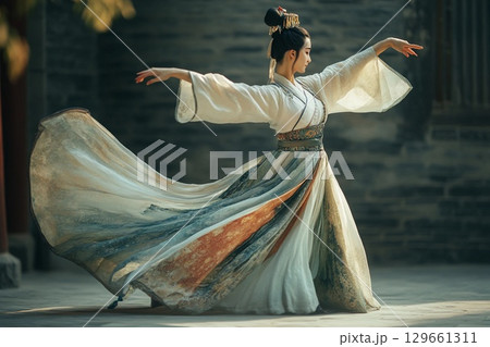 Dancer Gracefully Twirls in Vibrant Tang Dynasty Costume Amidst Ancient Architecture. Generative AI 129661311
