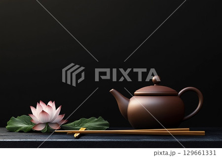 Delicate Teapot Paired With Chopsticks and a Blooming Lotus Flower. Generative AI 129661331
