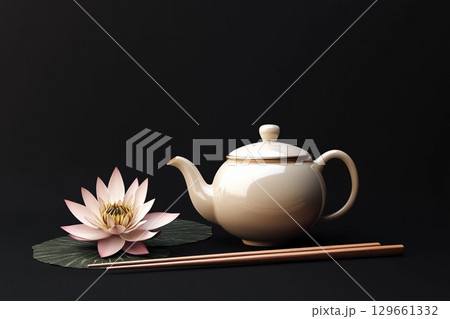 Elegant Teapot and Chopsticks Beside a Serene Lotus Flower on Dark Background. Generative AI 129661332