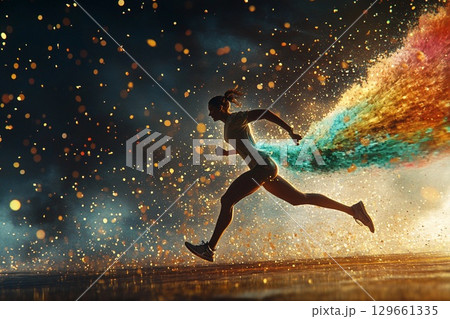 Dynamic Runner Bursts Through Colors in a Whirlwind of Energy at Twilight Hour. Generative AI 129661335