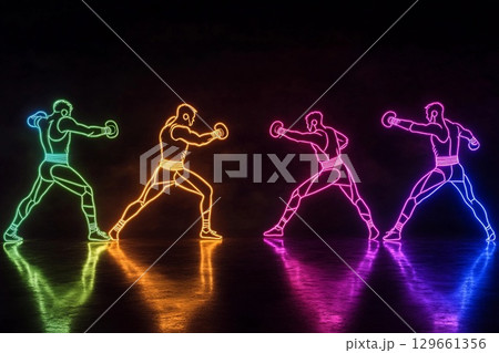 Colorful Kickboxing Silhouettes Showcasing Skill and Energy in a Dynamic Display. Generative AI 129661356