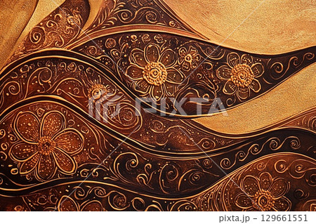 Intricate Henna Painting Inspired by Art Nouveau Elegance in Rich Hues. Generative AI 129661551