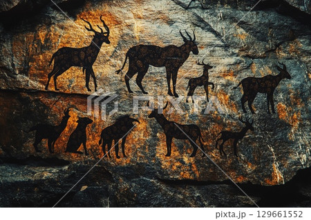 Henna Silhouettes of Majestic Animals on Ancient Rock Formations at Sunset. Generative AI 129661552