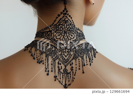 Modern Henna Tattoo Art Adorning the Back of a Woman's Neck With Intricate Designs. Generative AI Modern Henna Tattoo Art Adorning the Back of a Woman's Neck With Intricate Designs. Generative AI 129661694