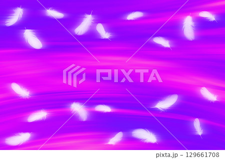 ピンクの光の中をふわふわと舞い飛ぶ、白い鳥の羽 129661708