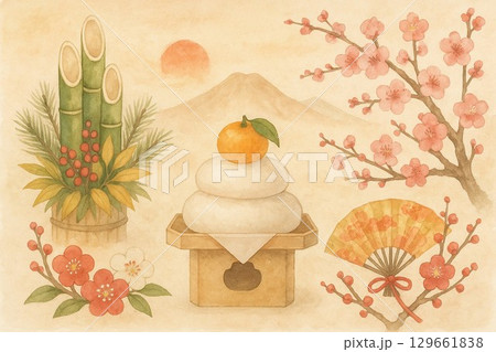 水彩で描いたお正月 水彩で描いたお正月 129661838